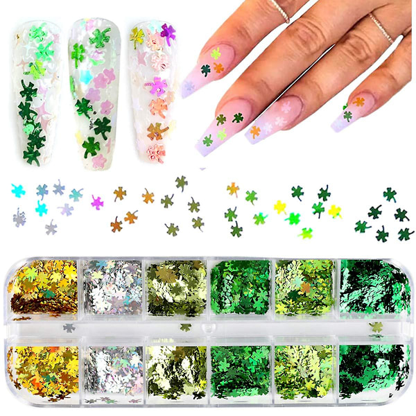 Shamrock Nagelsticker Dekaler Nagelglitter St. Patrick's Day Klöver Glittrande 3D Nagelkonstmaterial Flakes Holografisk 12 Rutor Färgglad Grön Glitter S