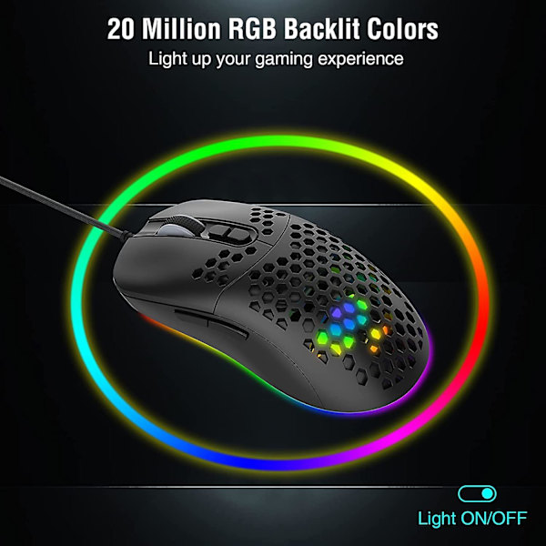 Trådbunden RGB-spelmus, Ultralätt, Bikakeskal, RGB-LED Lätt Glidande PTFE-fötter, Hyperflex USB-kabel, 800 till 8000 DPI för Windows