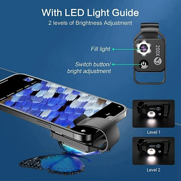 200X mobiltelefonmikroskoptillbehör, med CPL-lins, bärbar mini digitalt mikroskop, med LED-lampa/universell klämma 1 styck