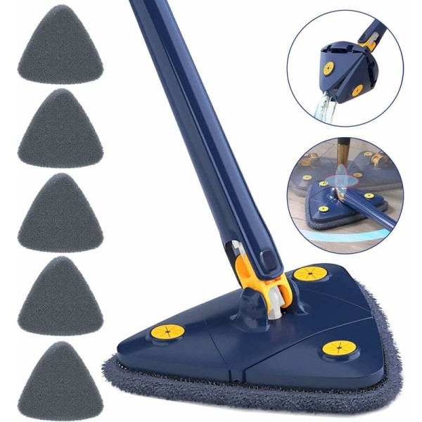 Justerbar 360° roterende trekant teleskopmop med automatisk vandudvridningsfunktion, 5 rengøringsklude, mikrofiber elastisk mop (blå)