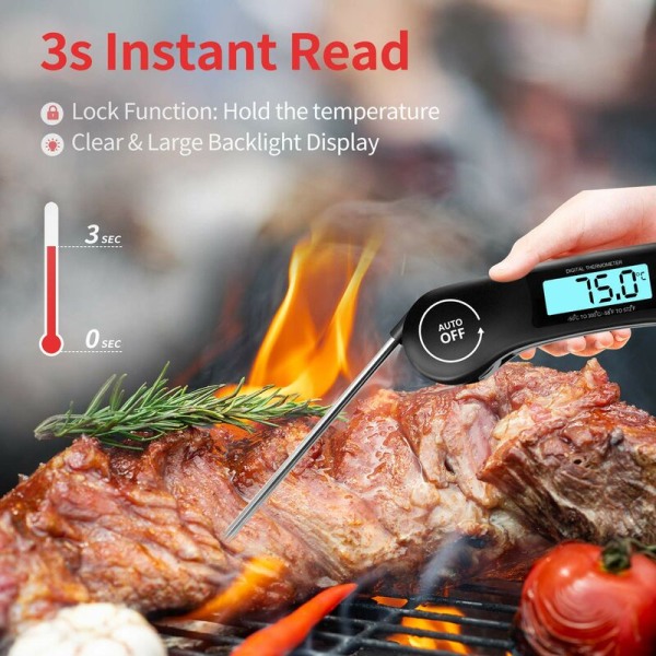 Kötttermometer - 3s Snabbavläsning Matlagnings Termometer - Kött Termometer med LCD-bakgrundsbelysning - Fällbar Sond för Matlagning/Kött/BBQ/Biff