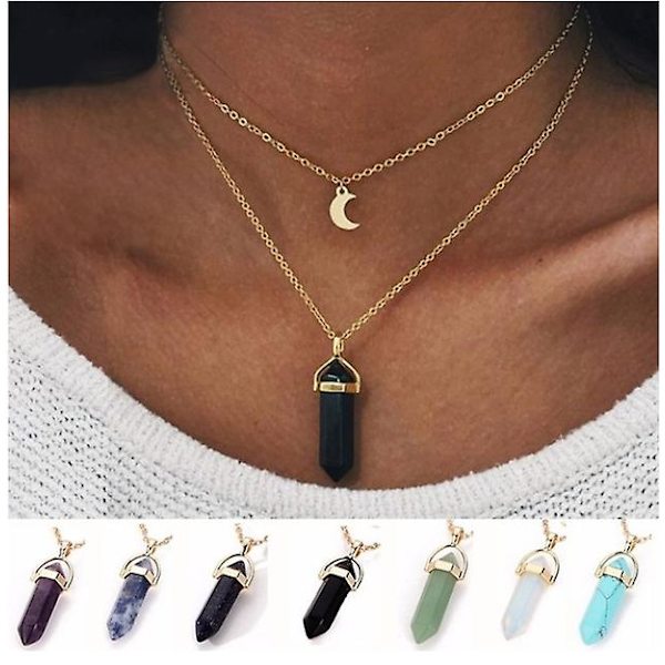 Lagdelt Choker-Halskjede med anheng for kvinner Trendy Choker Kvinner Multilag Halskjede Uregelmessig Anhengkjede Opaler Krystall Halskjeder & Kjede Halskjeder F