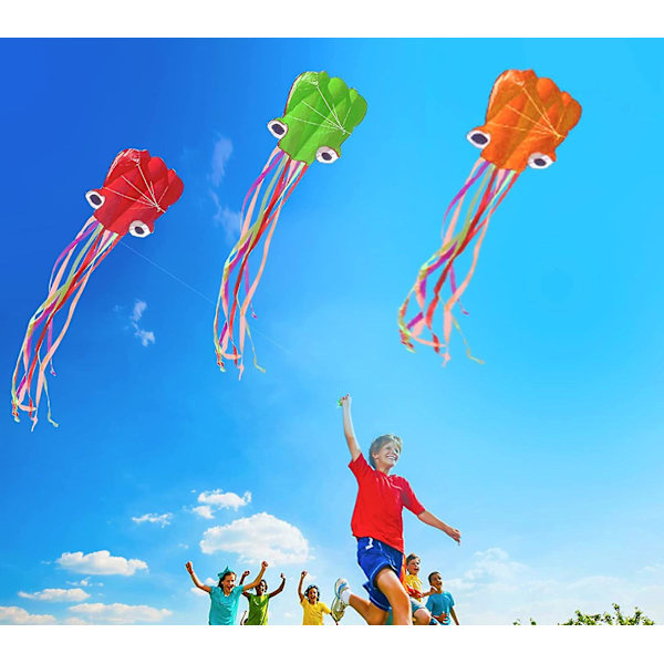 Octopus Kite 3-pack, lätt att flyga, 3d jätte drake med drake snöre rulle