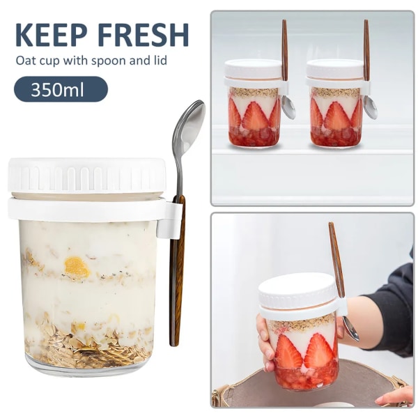 350 ml Havreburkar över natten Glasförseglade Portable Mason Jar Salladskopp med lock & sked, Havrebehållare över natten Vit matkopp Salladskopp Frukostkopp