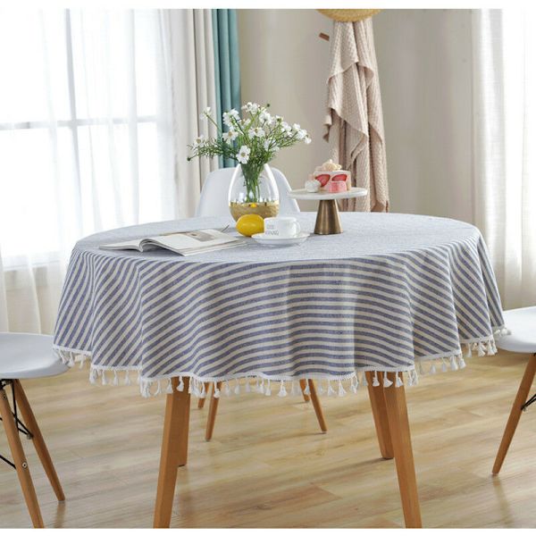 Randig bomullslinneduk med fransar Blå ränder Picknickduk Dekorativ bakgrund Modern duk Diameter 120cm