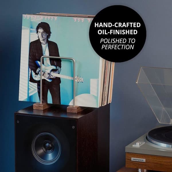 1 Vinylpladeholder til 35 LP'er, massivt valnøddetræ, rustfrit stål, vertikal opbevaring, stue, kontor.