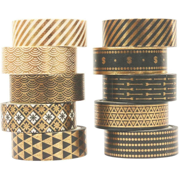 Tejp, 10 rullar/set Svart Guld Folie Papper Tejp Set Papper Festival DIY Scrapbooking