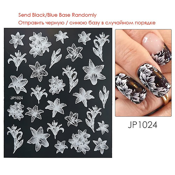 Blommor Nagelsticker Dekaler 4 ark 5d Nagelsmycken Embossade Nagelsmycken Dekoration Gradviss Förändring Vita Blommor Fjäril Design För Kvinnor Och