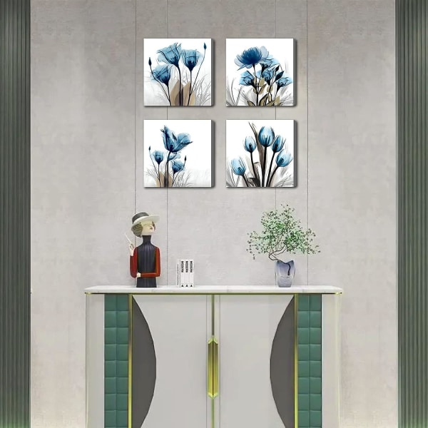 Blå canvas väggkonst för vardagsrum, modern blomram, badrumsvägg, 4-delad uppsättning
