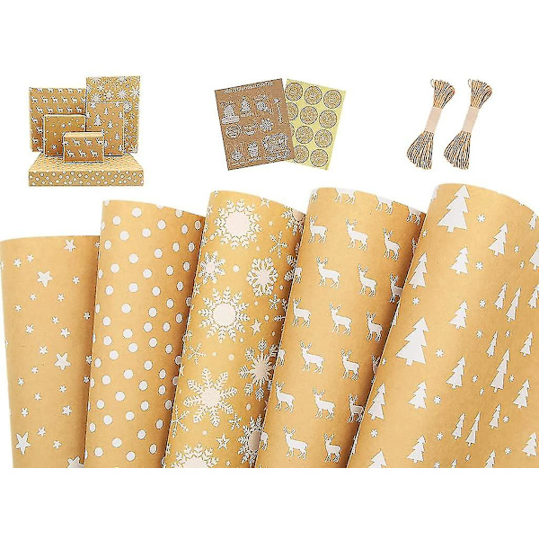 Kraft Julpapper Rulle, Presentpapper 5 Mönster 39\" X 17\"