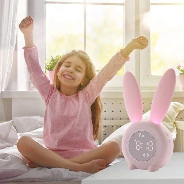 Vækkeur til børn med natlys i form af en kanin 6 ringe, touch-kontrol og vækkeur med genopladeligt batteri 2000 mAh (Pink)