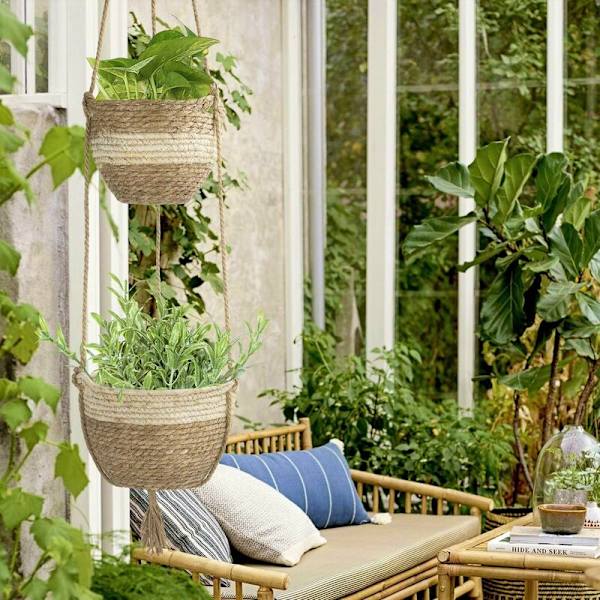 Meriruohosta valmistettu riippuva istutuskori, 2 kokoa kudottu kukkaruukku sisä- ja ulkokäyttöön - Kukkien ruukut Kansi Varastointi Kori Kasvien säiliöt (Beige)