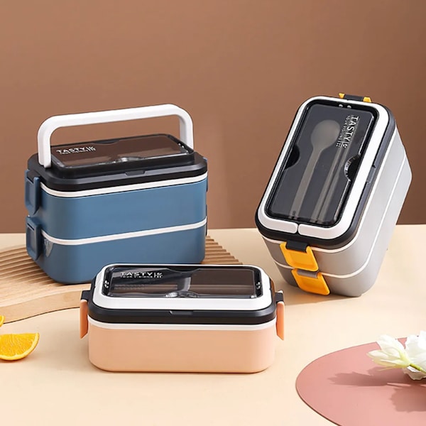 21,5*12,2*13,7 cm 2 lager grå lunchlåda arbete student utomhusaktiviteter resor mikrovågsugn uppvärmning matbehållare plast Bento-låda