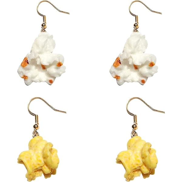 Hantverk i Resin, Söta Flickor Present, Örhängen, Roliga Emulerade Resin Charm, Mat, Cartoon Snacks, Popcorn Örhänge, 2 Par Popcorn Örhängen - Vit + Gul