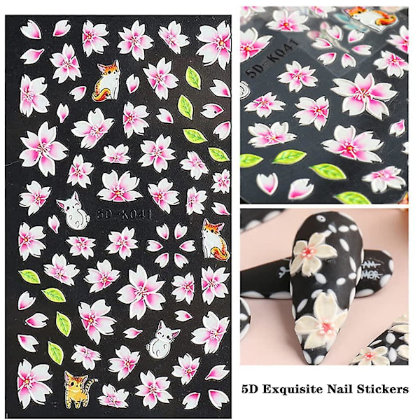 Blomster Nagelsticker Dekaler 5D Utsökt Präglad Nagelkonst Tillbehör Självhäftande Nagelkonst Dekoration Rosa Romantisk Körsbärsblomsblad Petal Carvi