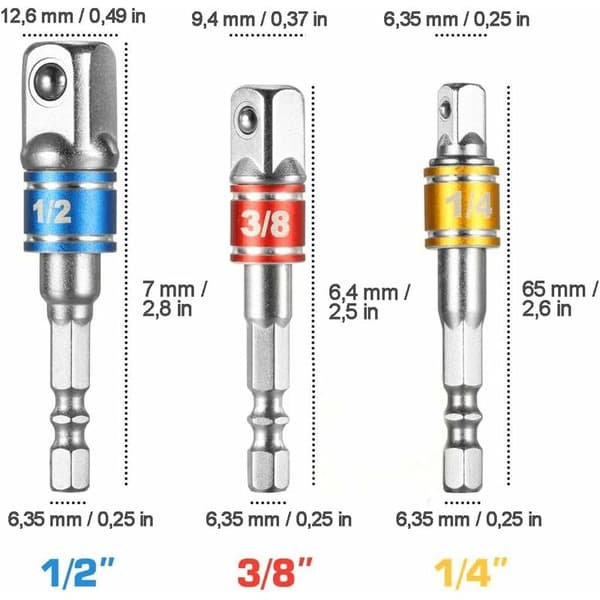 3-delt hex-adapter, 1/4\" 3/8\" hex-sokkel 1/2&34, til gør-det-selv og generel vedligeholdelse, sølv.