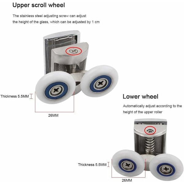 Sats med 4 duschdörrrullar - 2 övre och nedre rullar - 26 mm - Zinklegering - Duschdörrersättningskit (2 höga + 2 knoppar)