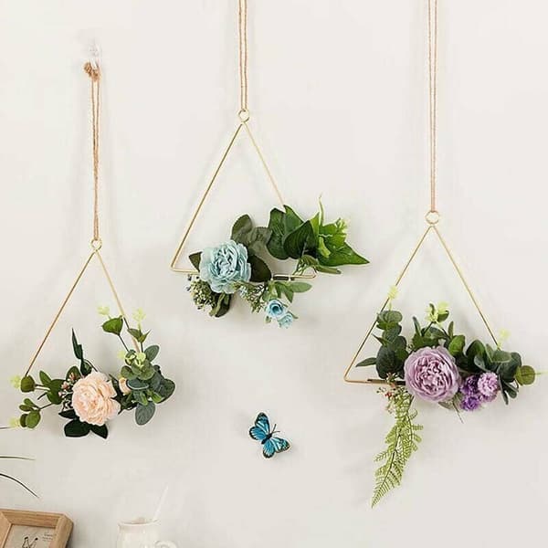 Florala guldkransar, metallring med blomsterkrans 20 cm / 7,9 tum, geometrisk ram, gör-det-själv-ringar, triangulär lila kameliakrans