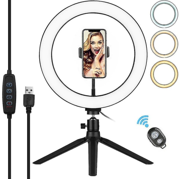 Led-ringljus med stativställ & 1 telefonhållare, dimbart skrivbord Selfie-ringljus för sminkvideo livestreamingfotografering, 3 ljuslägen