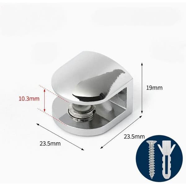 Set med 4 glashyllklämmor i polerad zink. Justerbart väggfäste 8-10 mm. Hyllfäste EBL1012-4P.