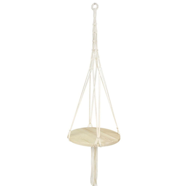 Nordisk Macrame-växtupphängning med rund träbricka, vävda tofsar, inomhusupphängd planteringshylla, blomkrukahållare