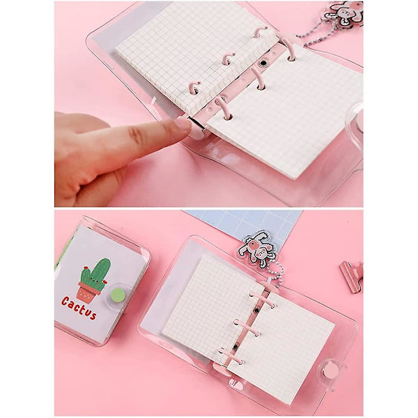 Mini Transparent 3-Ring Binder Skyddande Omslag Transparent PVC Binder Notebook Mini Binder Pocket Snap (Rosa)