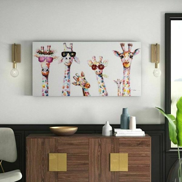 Graffiti Art Canvas Målning Nyfikna Giraffer Familj Tryck Dekorativ Tryck för Barnrum (Oinramad, 50 x 100 cm)