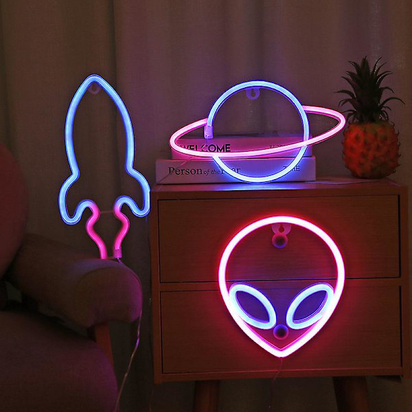 3 st neon skyltar för väggdekor, LED-neonljus för sovrum, USB eller batteridriven belysning rymdelement Alien Planet Rocket för barn, cool dekoration