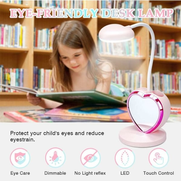 LED-bordslampa för flickor, ögonvänlig bordslampa med pennhållare, laddningsbar USB port, 2 färgtemperaturer för tonårspojkar, rosa