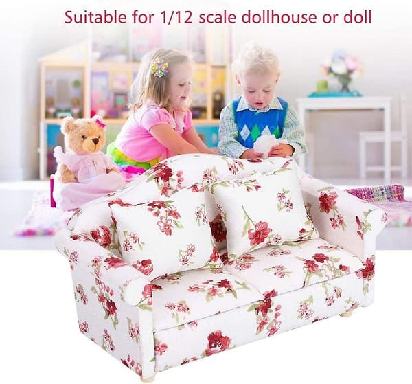 Dockhusmöbler soffa, 1/12 blommönster mini möbler soffa, lämplig för tillbehör
