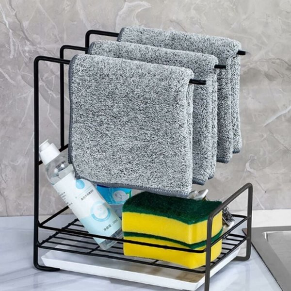 Vask svampeholder, metal svampeholder, køkkenvask opbevaringsstativ med håndklædeholder og aftagelig bakke, sort (uden opvaskesvampe)