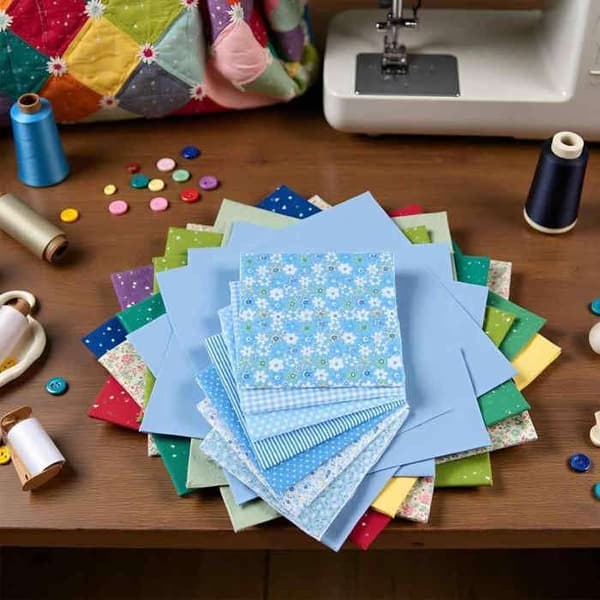 7 stykker bomuldsstof-kvadrater til patchwork og syprojekter 25x25 cm.