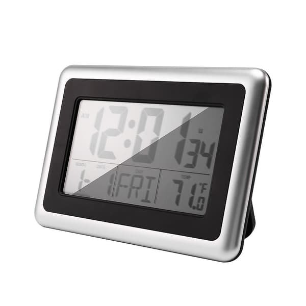 Atomur digital väggklocka, LCD-display, batteridriven, inomhustemperatur, kalender, bordsstativ