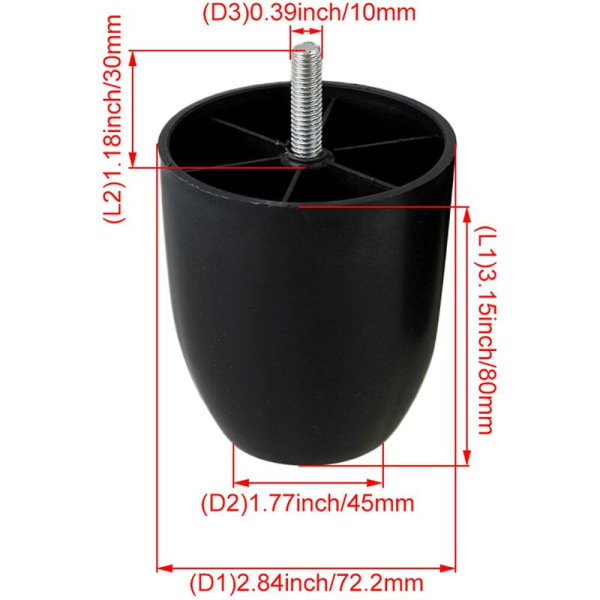 x Svarta cylindriska plastben, möbelben, sofaben, 80 x 73 x 45 mm