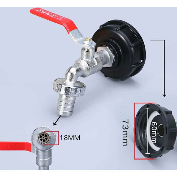 Hane Tank 1000L Regnvandssamler, IBC Vandtank Adapter 1/2' Dobbelt Regn, Legering Materiale Hane Lavet af PP Grov Gevind 60mm