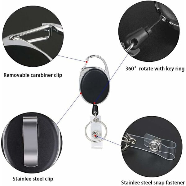 Retractabele haspel lengte, 3 stuks zware karabijnhaak badgehouder, 70 cm met versterkte veer voor ID-kaarten met sleutelhanger riemclip en klemhaak