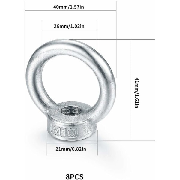 M10 Ögonmutter, Lyftögla Bult, 304 Rostfritt Stål Ringmutter, Öglebult Skruvmuttrar - 8 st