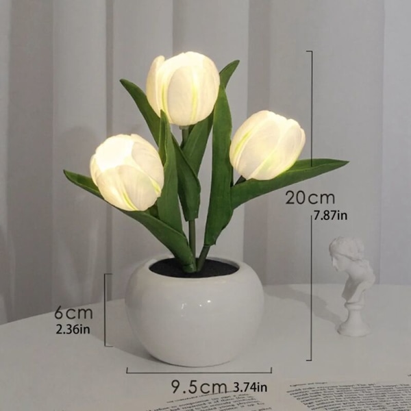 LED Tulipan Natlampe med Keramisk Vase, LED Simulering Tulipan LED Bordlamper, Tulipanlampe, Dekorativ Bordlampe