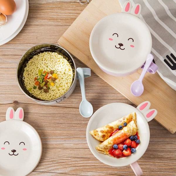 Rustfrit stål dobbeltlags skål med låg og ske Cartoon frokost isoleret frokostkasse (Pink)