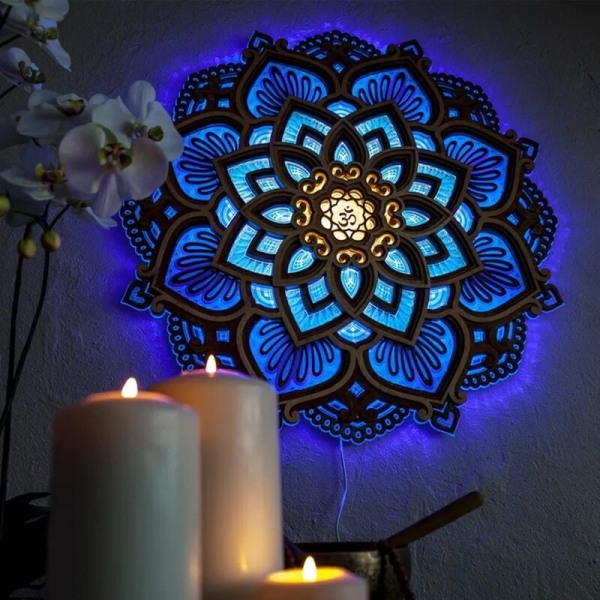 Mandala nattlampa, snidad LED-trälampa, omgivande ljus, väggdekoration