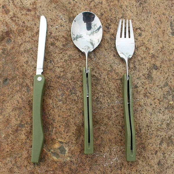 3 stk. - Rustfrit stål sammenklappeligt bestik til camping, picnic, knive, gafler, skeer (Army Green)