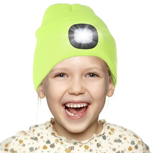 Ledbelyst cap för barn, uppladdningsbar 4 led pannlampshatt, stickad vintermössa med ficklampa för cykling RunningYellow