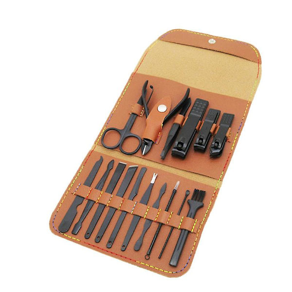 16-delad manikyrset i rostfritt stål, pedikyrset med nagelklippare, herr grooming kit med brunt läderfodral