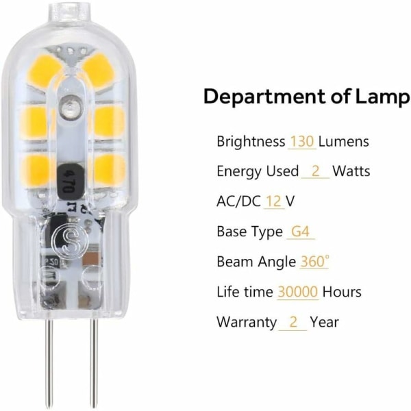 G4 LED-pære, 5-pak 20W ækvivalente halogenpærer, Økonomi 2W G4 LED emhætte-pære, AC/DC 12V, 200lm, 3000K [Energiklasse F]