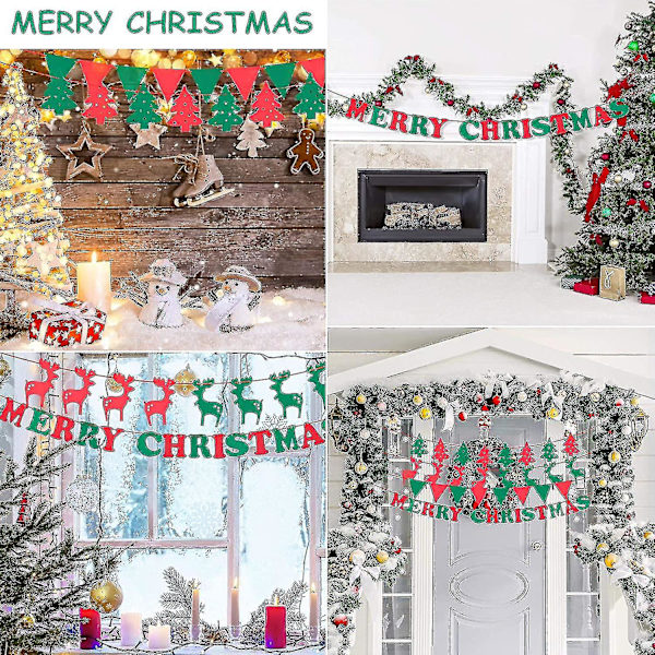 Jul Banner Flaggor Set Hängande Bunting Girlang Vimpel Juldekorationer God Jul Brev Xmas Träd Älg Triangel För Hem Sovrum Butik M