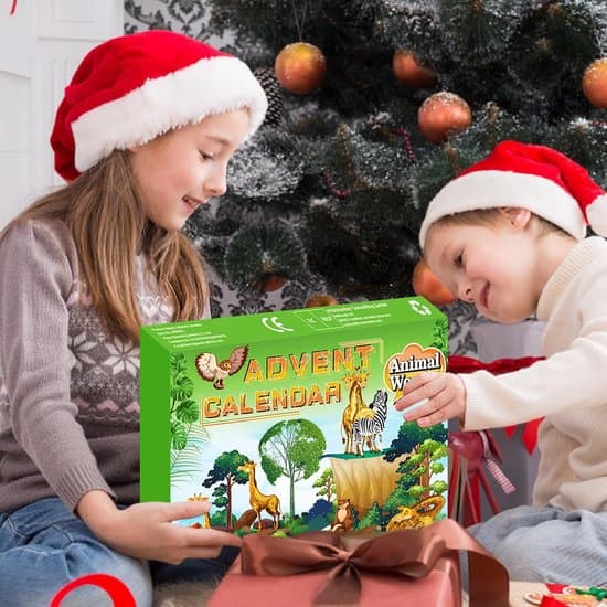 Adventskalender for 24 dagers nedtelling til jul - Dyretema - Leker for gutter og jenter fra 3 til 12 år hvit XXS