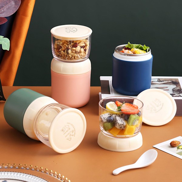 1 Set 700ML Soppkopp med sked Dubbelskikts läckagesäker isolerad matbehållare för hemmakontor skola Oudooriang（A，Grön）