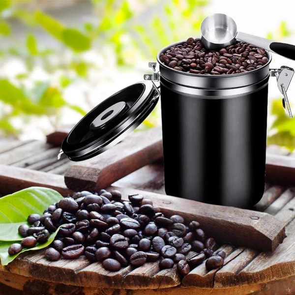 Kaffeburk 1500 ml med doseringssked Höjd: 15cm Kaffeburkar Kaffebehållare av rostfritt stål Färg: svart