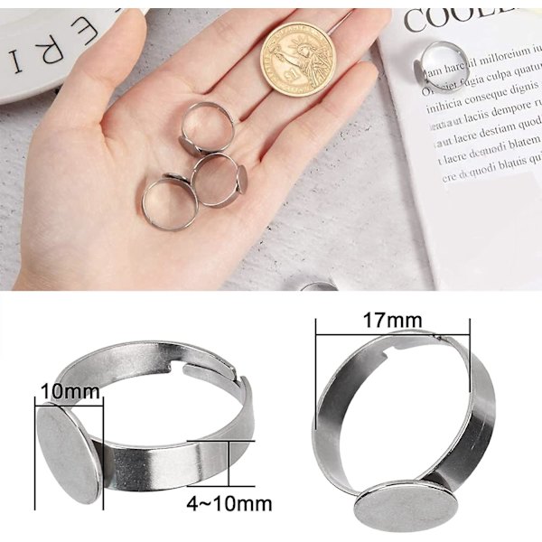 20 stycken, Cabochon-ring, 10 mm justerbar ring bar rostfritt stål distansbas platta tom ring