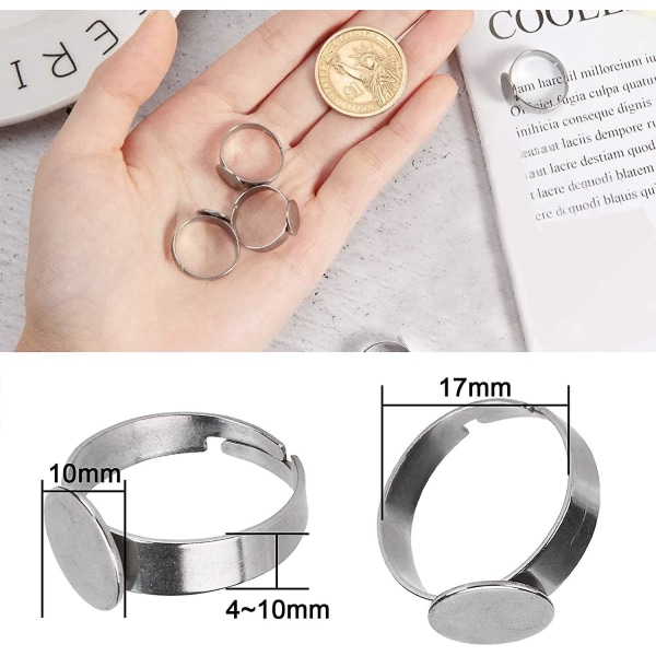 20 stycken, cabochonring, 10 mm justerbar ring blankt rostfritt stål mellanrumsbas platt tom ring